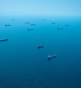 Image of many cargo ships out at sea