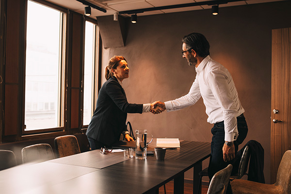 Two business professionals shake hands across a conference table in a modern office meeting room.