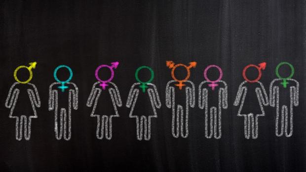 Chalkboard drawing of men and women