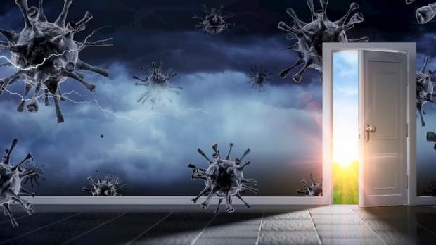 Covid-19 storm with sun shining through open door