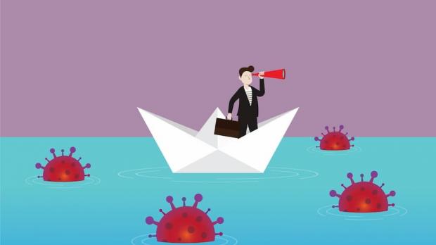 Businessman with telescope in paper boat on Covid-19 sea