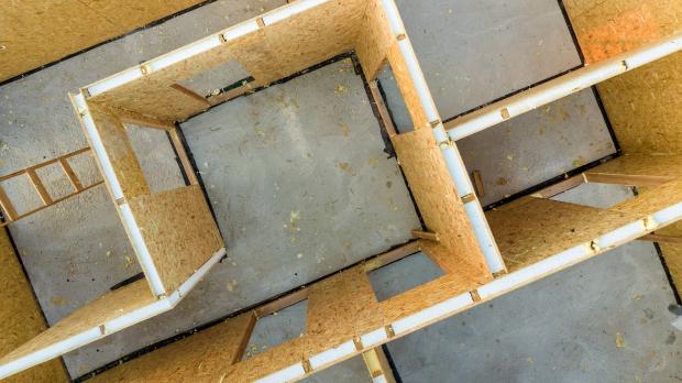 Birds eye view of modular walls in situ before the roof goes on