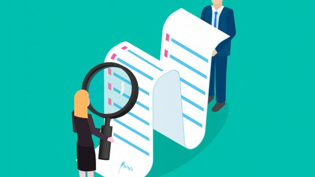 Illustration man and woman looking at lengthy document with magnifying glass