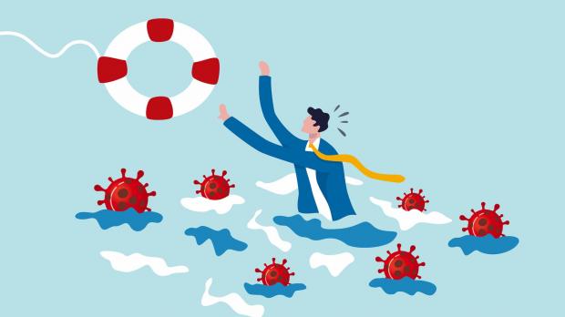 Businessman in Coronovirus Sea thrown life ring 