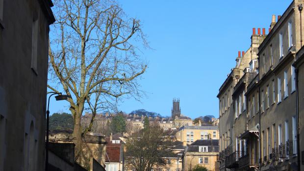 Row of terraced houses with view over Bath