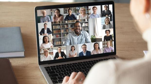 woman on a business call with a group discussion