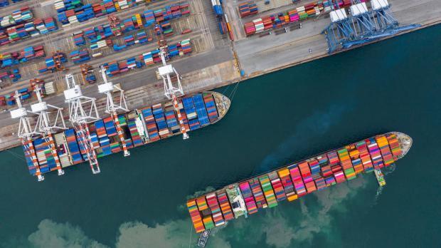 Overhead shot of cargo ship in dock