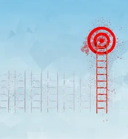 White ladders lined up in a row, with one red ladder topped by a red target