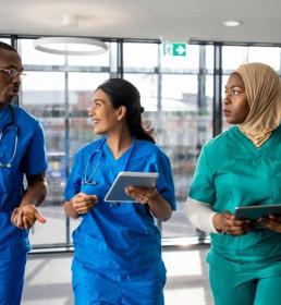 Doctors walking through a hospital 