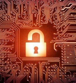 Hacked symbol on computer circuit board with open padlock
