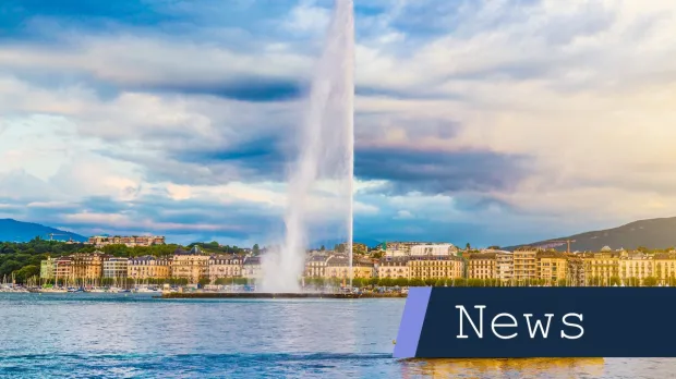 Thumbnail image of Jet d'Eau fountain at sunset in Geneva, Switzerland
