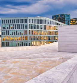 image of white brick office buildings