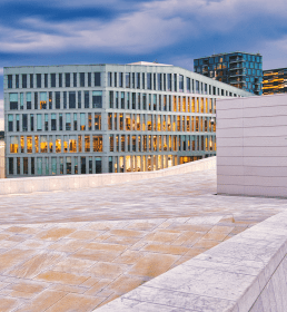 image of white brick office buildings