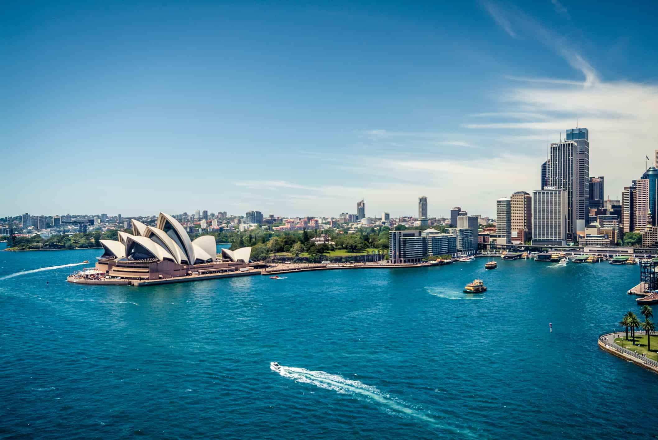 View of Sydney Opera House and quay from the harbour bridge