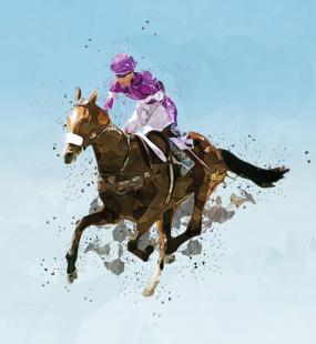 An illustration of a jockey riding a race horse