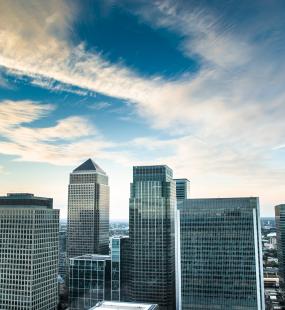 A view of the skyline of Canary Wharf and London's finance district 
