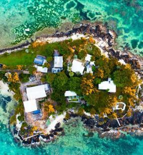Overhead shot of small tropical island,  Grand Baie, Mauritius  