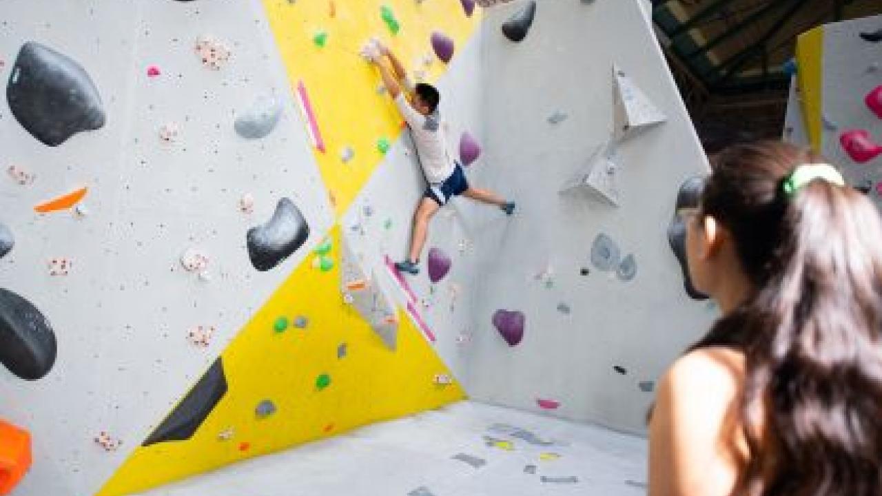 Climber using a climbing wall