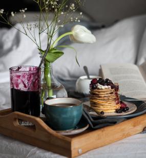 A tray of breakfast in bed