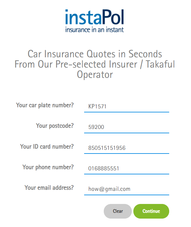 Instapol initial screen where customers enter details