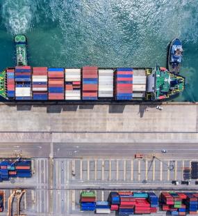 Aerial view of shipping container in docks 