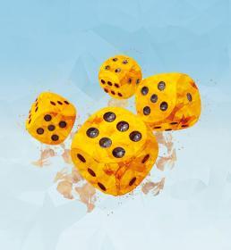 An illustration of four dice in motion, as through in mid-roll