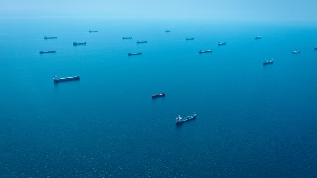 Image of many cargo ships out at sea