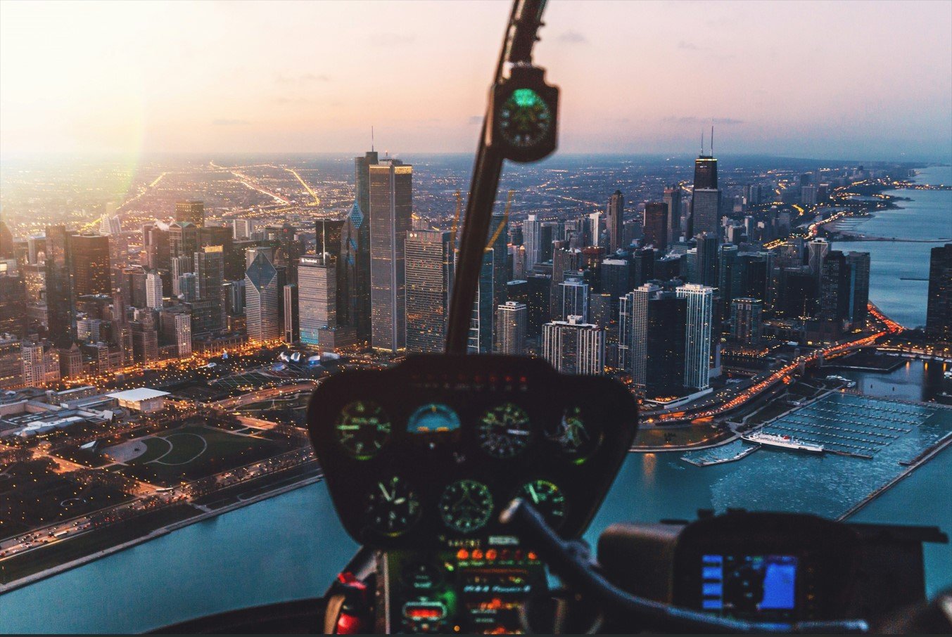 flying over financial district 
