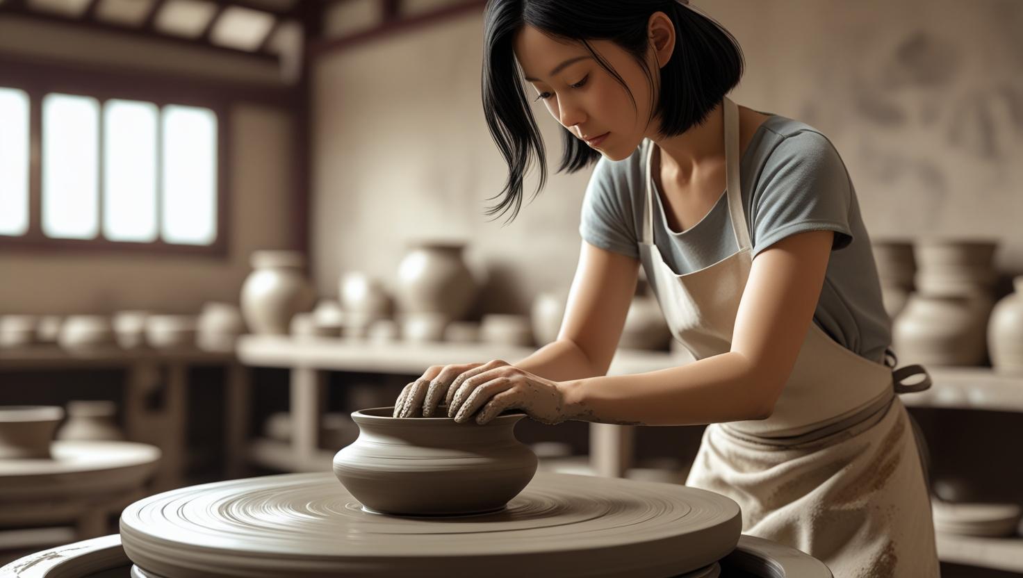 Asian (Hong Kong) female at a pottery wheel