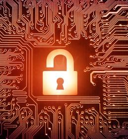 Hacked symbol on computer circuit board with open padlock