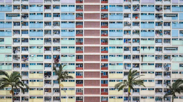 A multi-coloured high rise in Hong Kong