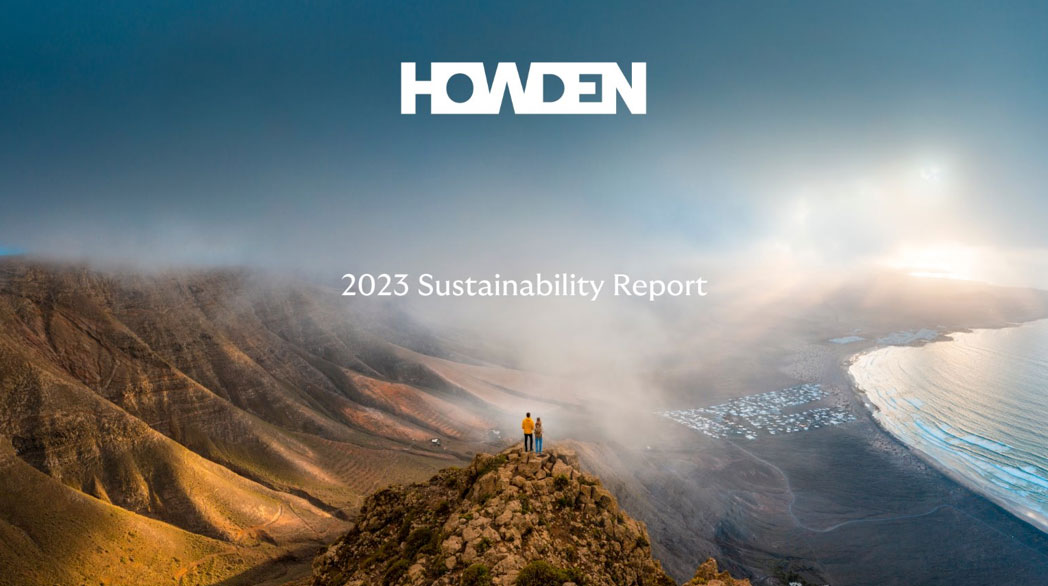 The cover of Howden's 2023 sustainability report, a panoramic image of a canyon wiht two people standing atop a cliff