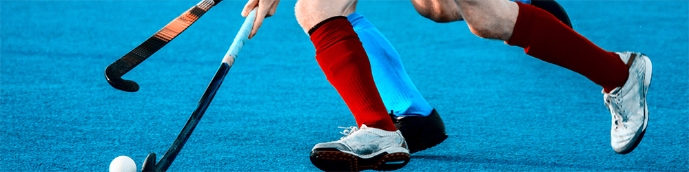 Two men playing hockey one with red socks one with light blue socks