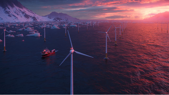 Wind turbines in the sea with mountains in the background