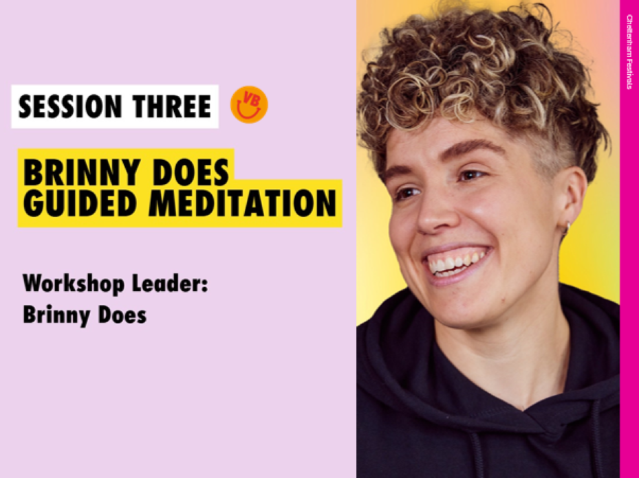 A person with short curly hair smiles next to text promoting a guided meditation workshop led by Brinny Does.