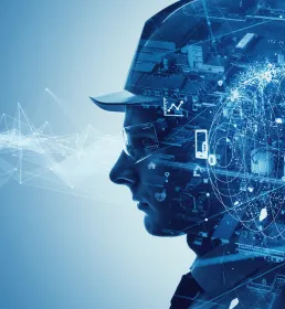 Man in hard hat surrounded by technology