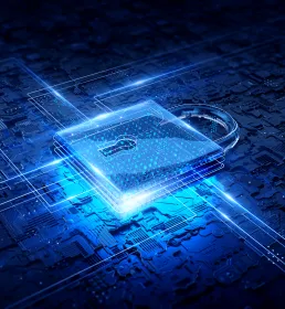 A holographic padlock on a motherboard