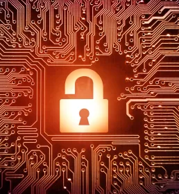 Hacked symbol on computer circuit board with open padlock