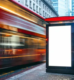 Blank advertising hoarding at bus stop with bus whizzing by