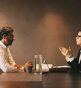 Two people sitting across from each other at a table with laptops in front of them.