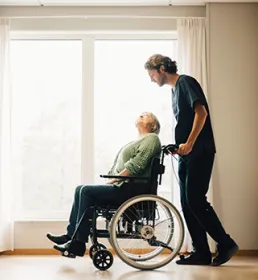 Elderly person in a wheelchair being pushed by a carer