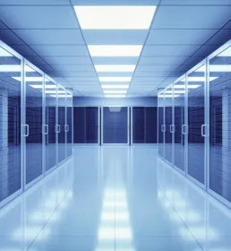 Interior of a data center. 622896088 Computer, No People, Network Server, Midsection, Connection, Futuristic, Security, Blue, In A Row, Inside Of, Technology, Indoors, 