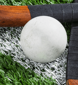 Two hockey sticks and a hockey ball on a white line