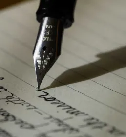 A fountain pen being used to write on lined paper