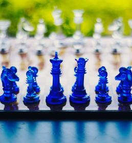 Blue and white chess pieces set for a game
