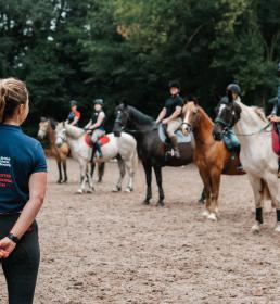 Female coach watching five students on horses in sandschool