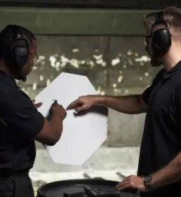 two men discuss a target