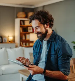 Man looking down scrolling on tablet