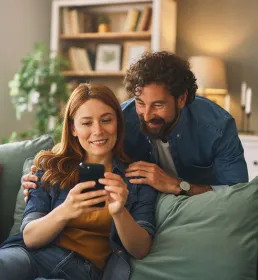 Couple sat on sofa looking at a phone
