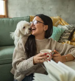 Woman and dog enjoying book and tea